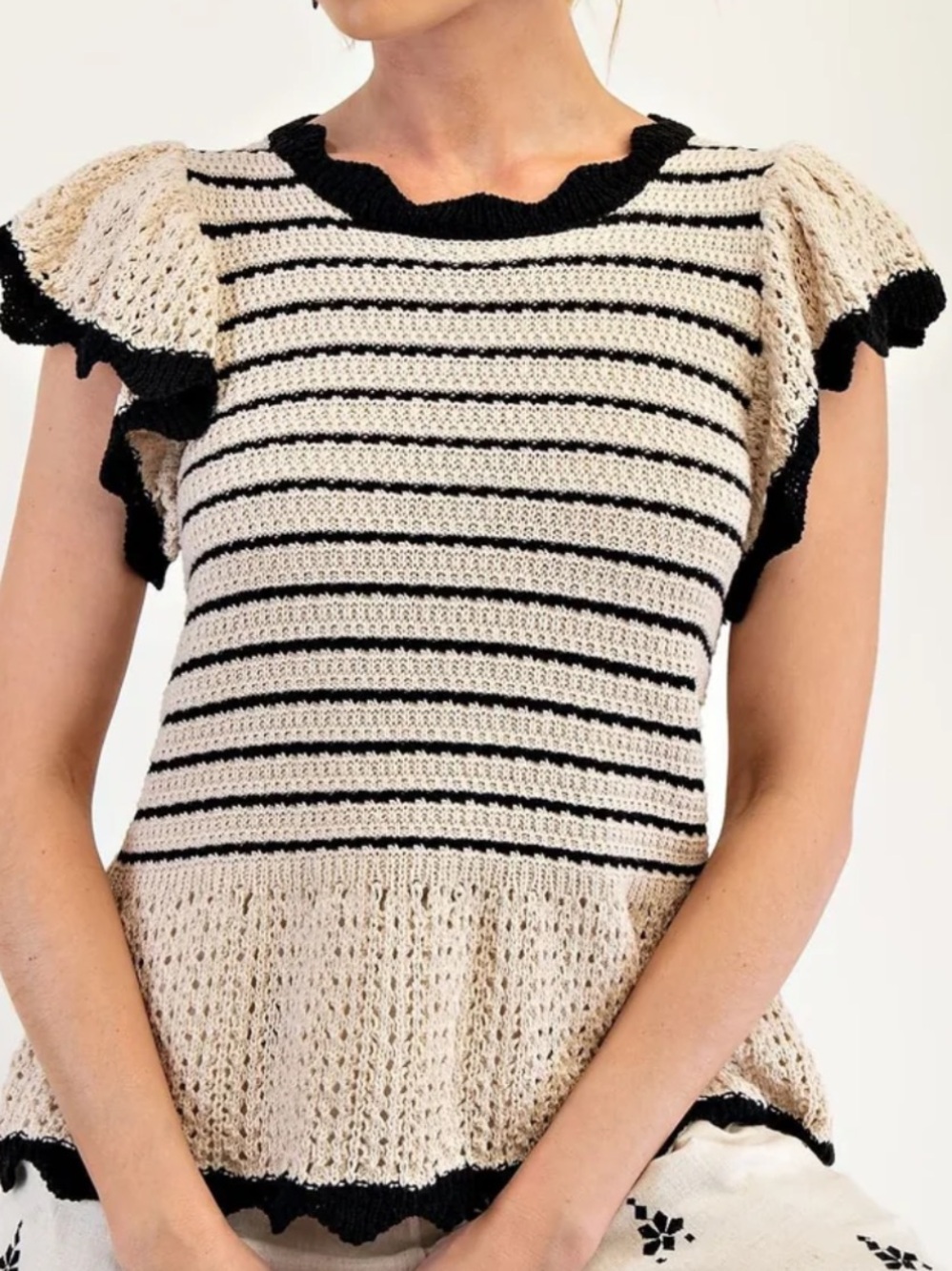 Rails Black & Cream Crochet Stripe Ruffle Sleeve Top